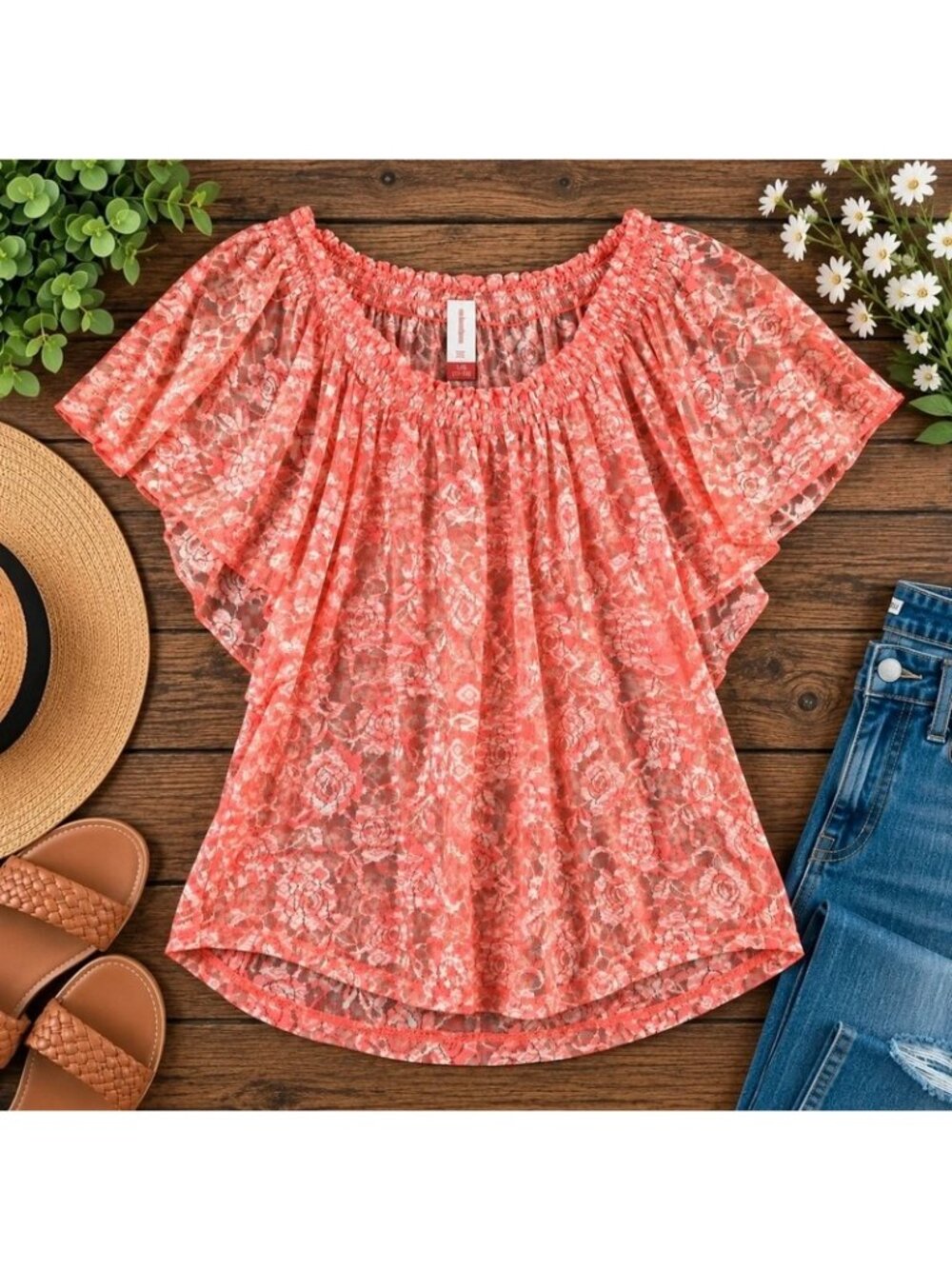 No Boundaries Coral Floral Lace Off Shoulder Blouse Women’s L 11-13 Boho Flutter